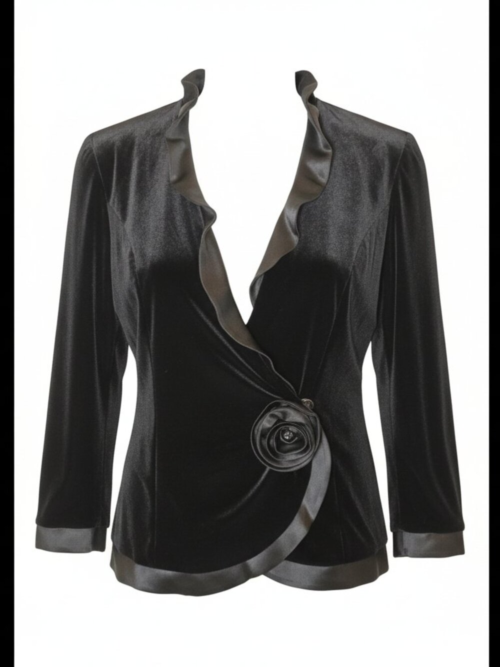 Alex Evenings Black Velvet Jacket L Satin Ruffle Rosette Formal Evening Bolero